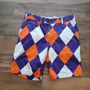 Loudmouth Golf Shorts Mens 34 Purple Orange Argyle Flat Front Cotton Stretch